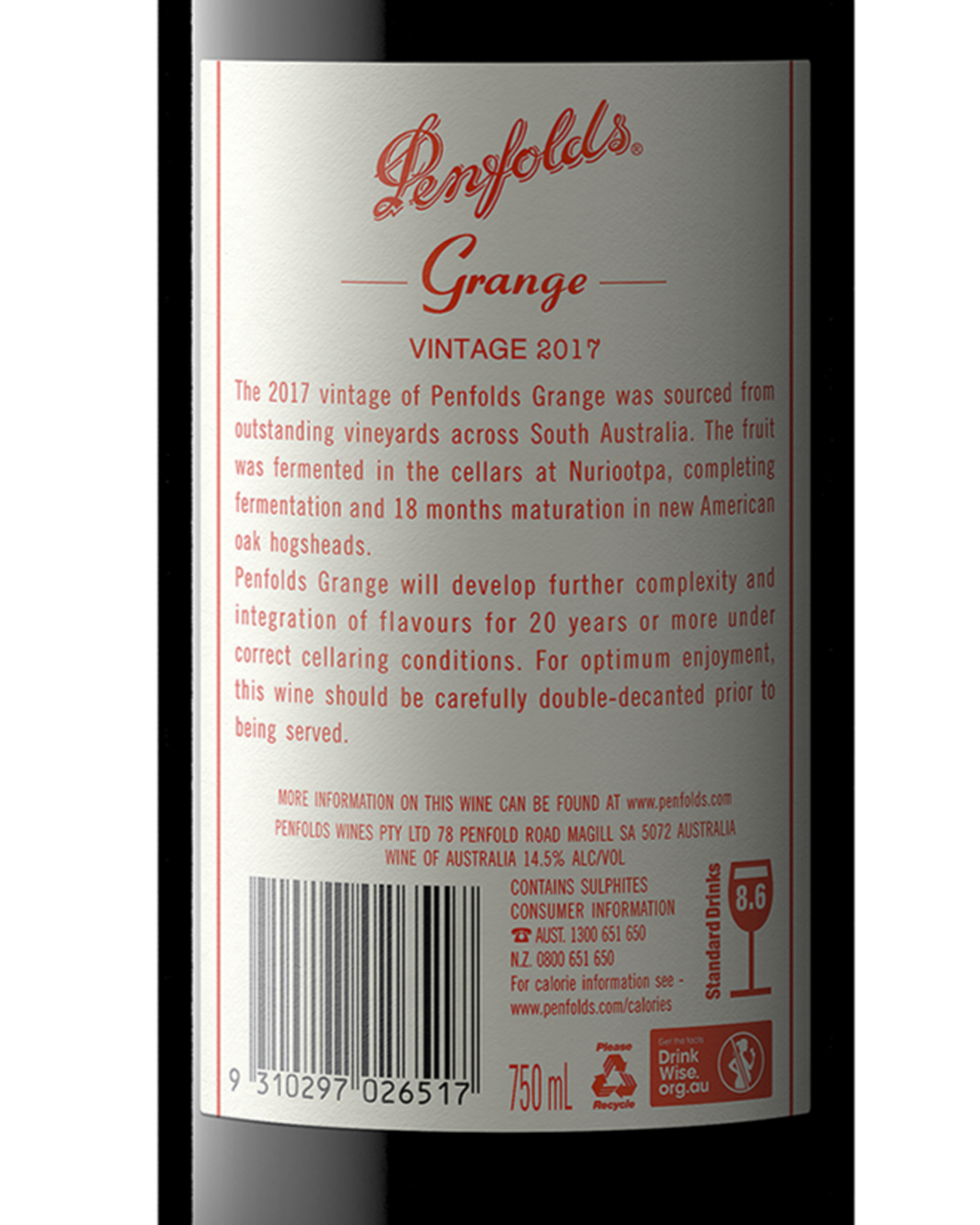 2017 Penfolds Bin 95 Grange Shiraz 750ml